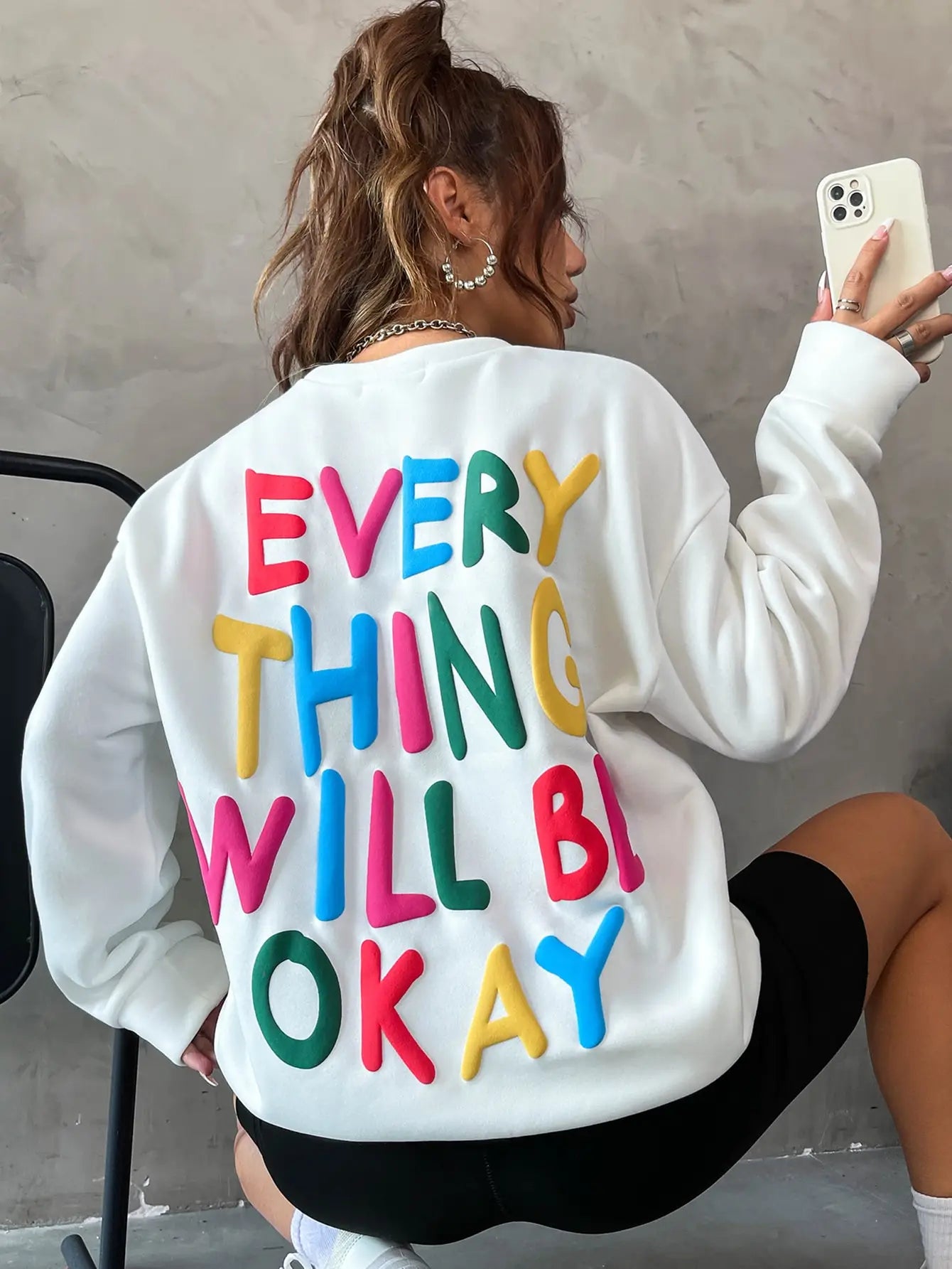 Fashion Womans Sweatshirt Everything Will Be Okay Letter Printed Pullover Loose Warm Crewneck Hoodies Casual Female Clothing