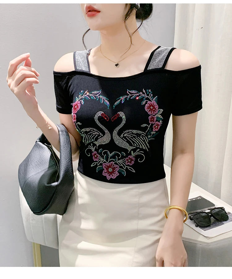 M-3XL Streetwear Girl Summer Cartoon Design Hot Diamonds T-Shirt Women Sexy Off Shoulder Slim Mesh Tops Chic Luxury Flower Tees