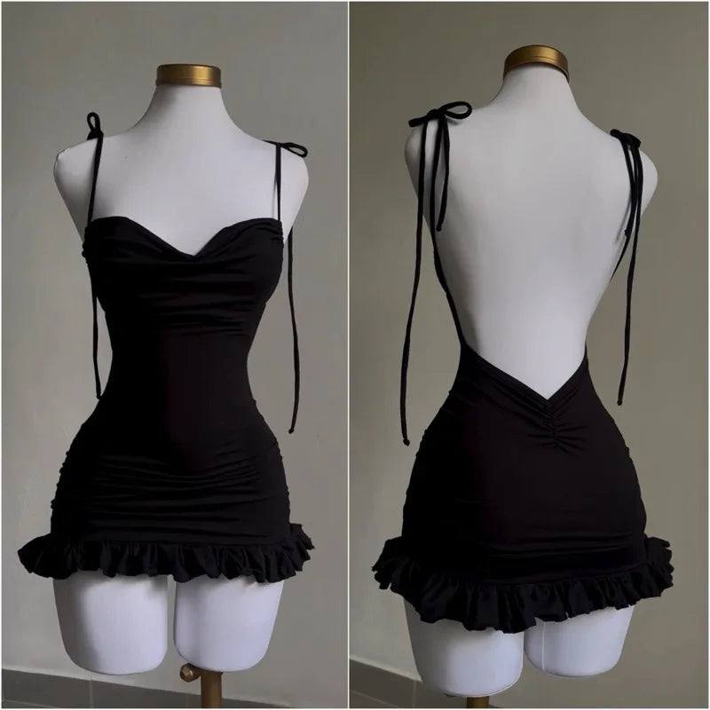 Ruffles Backless Sleeveless Short Dress Women Y2K Summer Lace Up Bodycon Black Dresses Sexy Elegant Party Vintage Female Robes