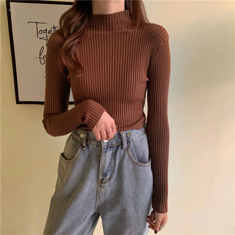 Autumn Winter Knitted Sweater Women Pullovers Korean Turtleneck Long Sleeve Pullover Female Jumper Green Knitwear Chic Jumpers