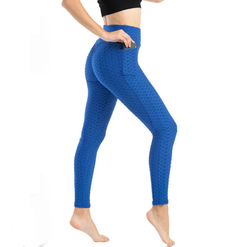 Women Fashion Pocket Bubble Pants Stretchy Slim Leggings Gym Running Cycling Fitness Pants High Waist Hip Lift Leggings Female