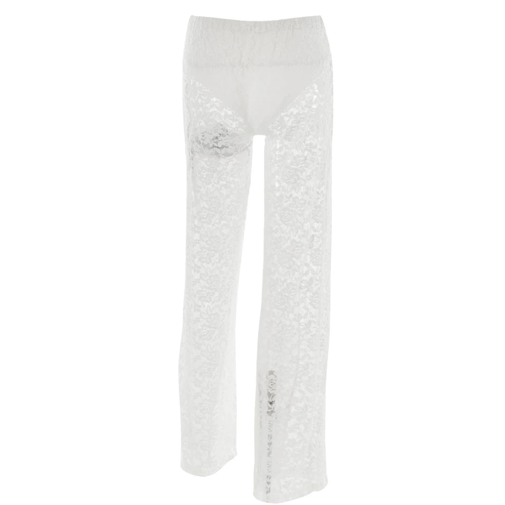 Fantoye Sexy See Through Lace Women Pant White Hollow Out High Waist Two Piece Sets Female Autumn Casual Outside Streetwear 2024