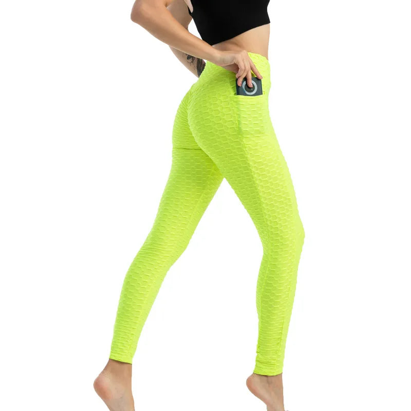 Women Fashion Pocket Bubble Pants Stretchy Slim Leggings Gym Running Cycling Fitness Pants High Waist Hip Lift Leggings Female