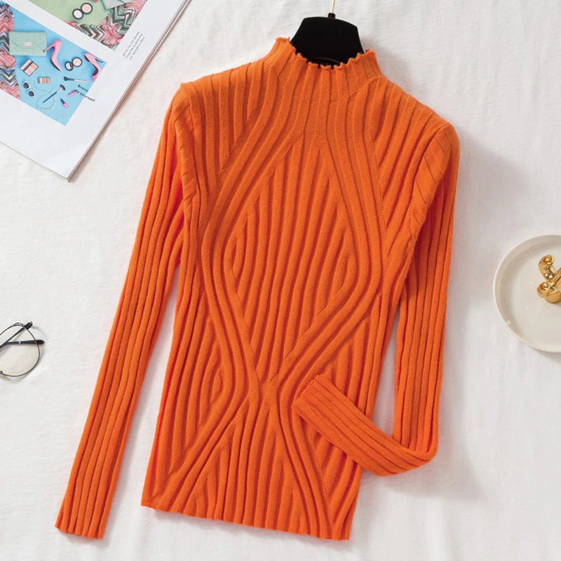 Knitted Sweater Women Pullover 2023 Half Turtleneck Jumper Sweater Autumn Winter Solid Slim Chic Streetwear Long Sleeve Top Y2K