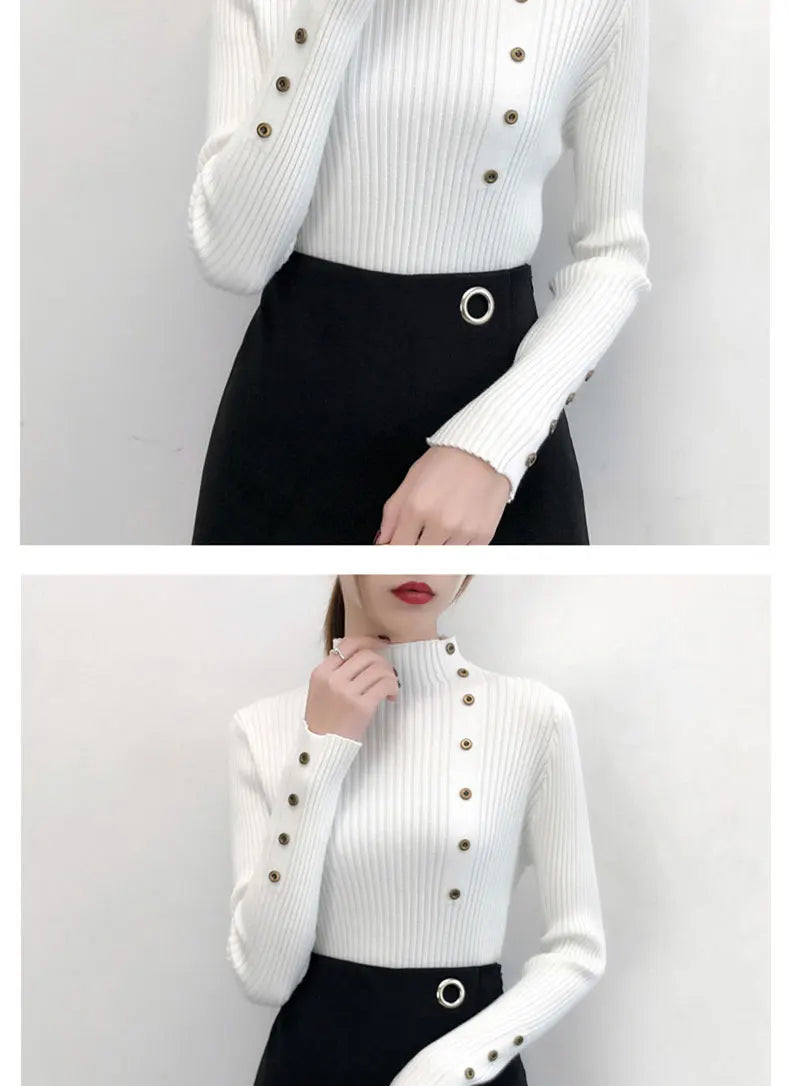 2024 Women Autumn Knitted Slim Sweaters Solid Knitted Female Cotton Soft Elastic Color Pullovers Button Full Sleeve Turtleneck