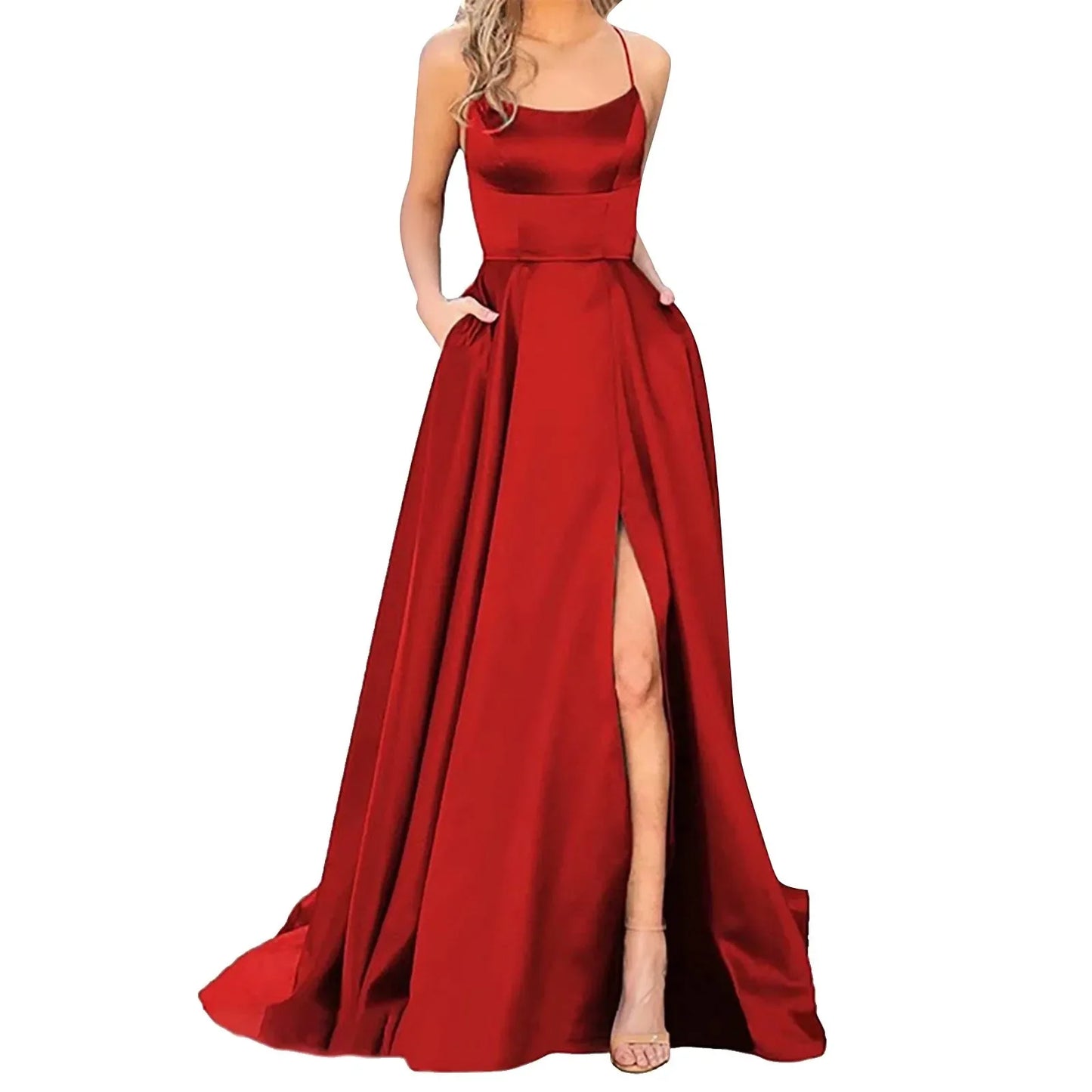 2025 Sexy V Neck Satin Evening Dresses Spaghetti Strap Side Slit Prom Dress High Waist Evening Gowns Party Dress Robe de soiree