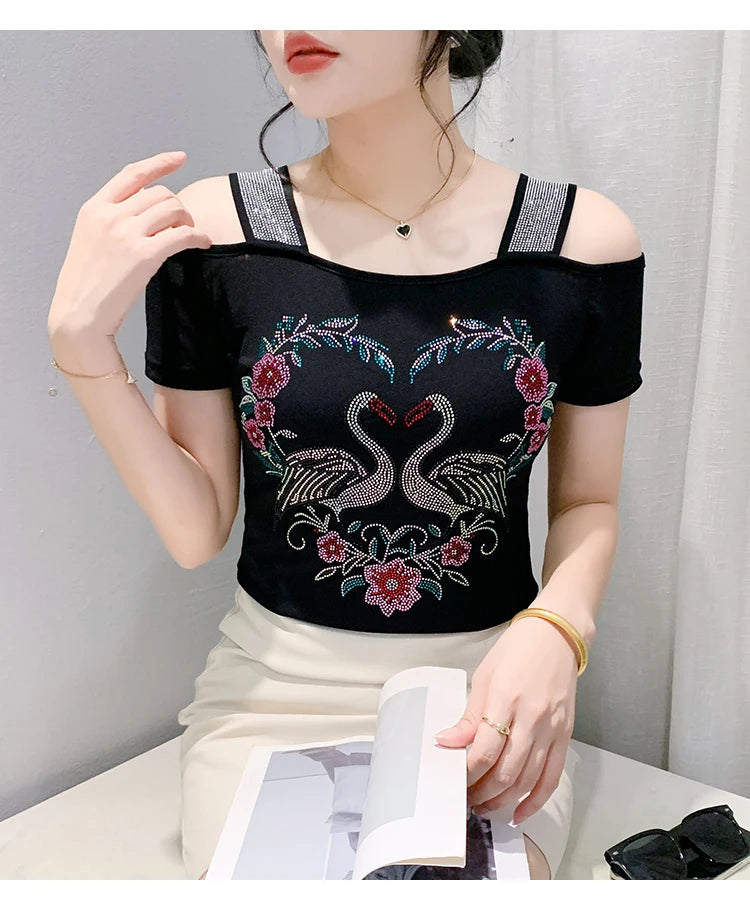 M-3XL Streetwear Girl Summer Cartoon Design Hot Diamonds T-Shirt Women Sexy Off Shoulder Slim Mesh Tops Chic Luxury Flower Tees