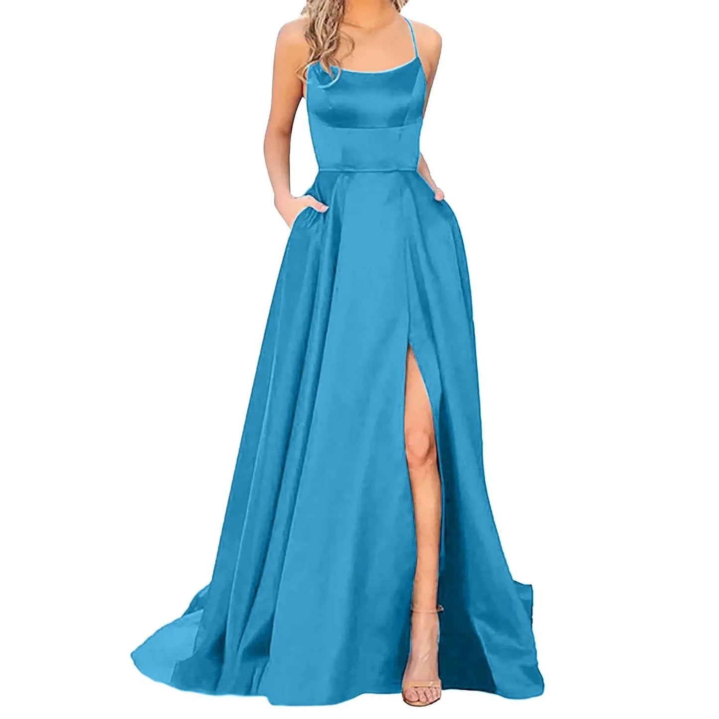 2025 Sexy V Neck Satin Evening Dresses Spaghetti Strap Side Slit Prom Dress High Waist Evening Gowns Party Dress Robe de soiree