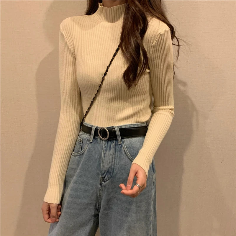 Autumn Winter Knitted Sweater Women Pullovers Korean Turtleneck Long Sleeve Pullover Female Jumper Green Knitwear Chic Jumpers