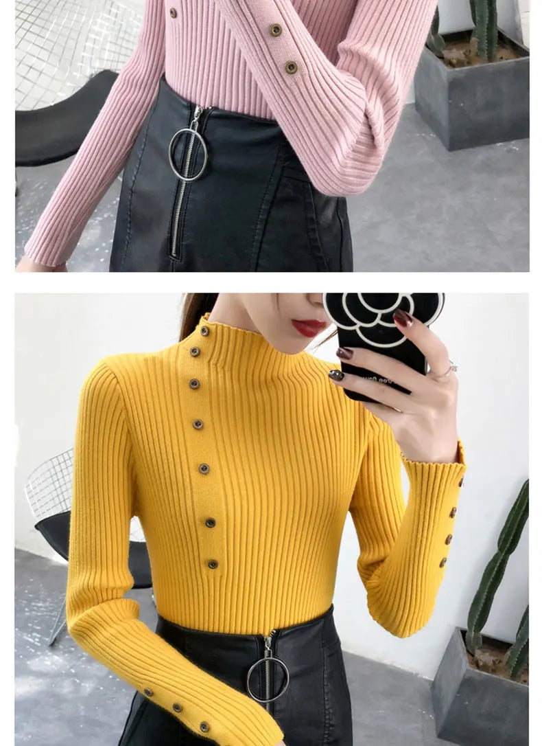 2024 Women Autumn Knitted Slim Sweaters Solid Knitted Female Cotton Soft Elastic Color Pullovers Button Full Sleeve Turtleneck