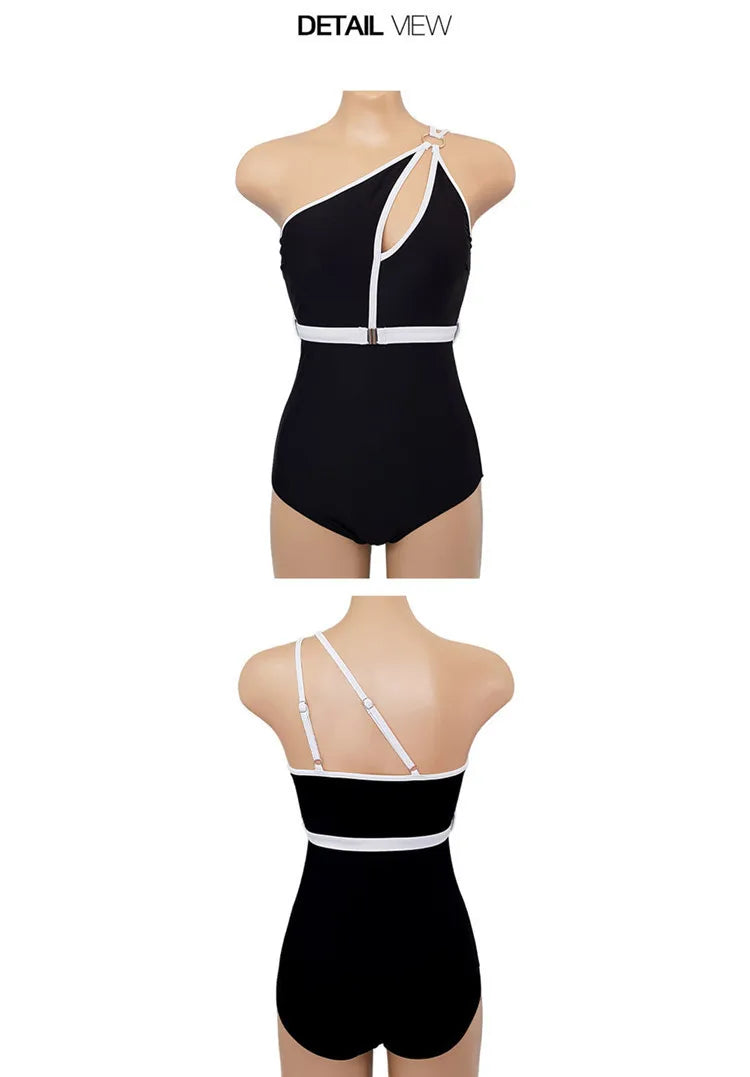 VigoBeviya 2024 Sexy Black One Shoulder Swimwear Women Hollowed Out Belt One Piece Swimsuit Female Beach Monokini Bathing Suit