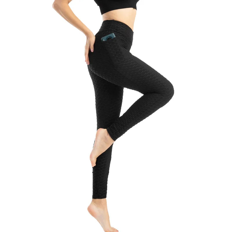 Women Fashion Pocket Bubble Pants Stretchy Slim Leggings Gym Running Cycling Fitness Pants High Waist Hip Lift Leggings Female