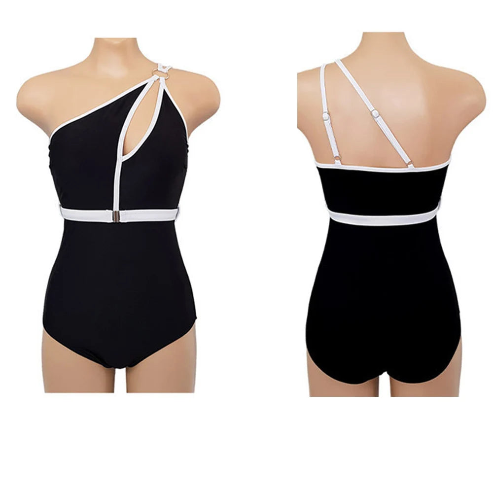 VigoBeviya 2024 Sexy Black One Shoulder Swimwear Women Hollowed Out Belt One Piece Swimsuit Female Beach Monokini Bathing Suit