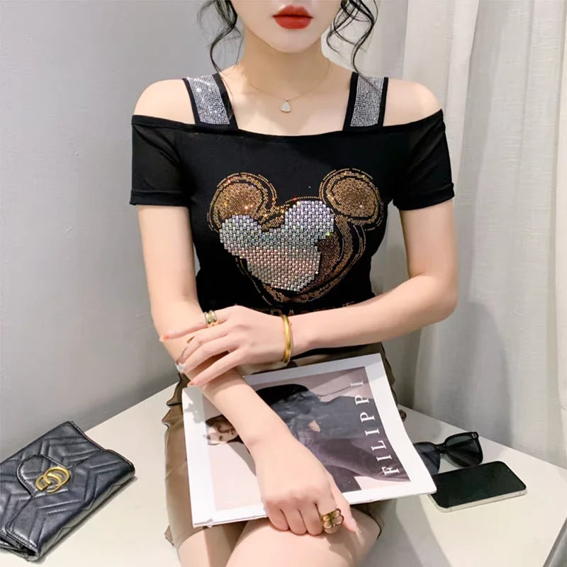 M-3XL Streetwear Girl Summer Cartoon Design Hot Diamonds T-Shirt Women Sexy Off Shoulder Slim Mesh Tops Chic Luxury Flower Tees