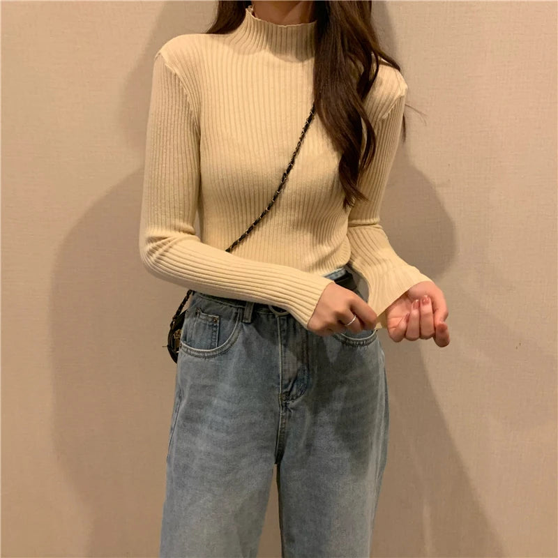 Autumn Winter Knitted Sweater Women Pullovers Korean Turtleneck Long Sleeve Pullover Female Jumper Green Knitwear Chic Jumpers