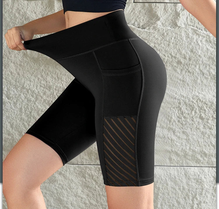 Quick drying Sports Yoga Shorts Summer Mesh breathable Pocket Shorts High waist Elastic Lifting buttocks Leggings Shorts Women