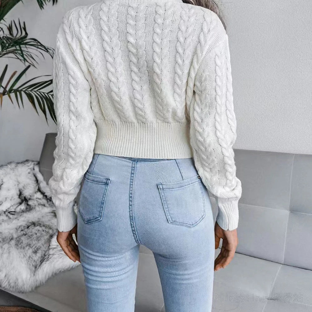 Women Sweater Casual Pullovers Autumn Winter Basics Knitted Short Crop Top Solid Long Sleeve Elegance Sweet Woman Clothing