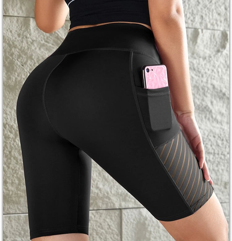 Quick drying Sports Yoga Shorts Summer Mesh breathable Pocket Shorts High waist Elastic Lifting buttocks Leggings Shorts Women