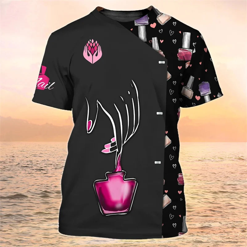 Manicure Pattern T-Shirt For Women Fingernail Polish 3D Printed Tees Summer Loose Tops Uniforms Short Sleeves O-Neck T Shirts