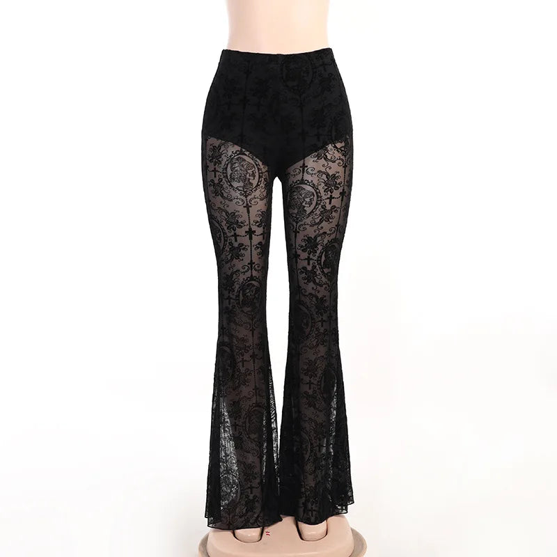 Goth Dark Vintage Flocking Mall Gothic Sexy Flare Pants Grunge See Through Mesh High Waist Women Trousers Punk Slim Alt Clothing