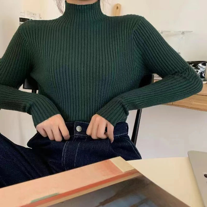 Autumn Winter Knitted Sweater Women Pullovers Korean Turtleneck Long Sleeve Pullover Female Jumper Green Knitwear Chic Jumpers