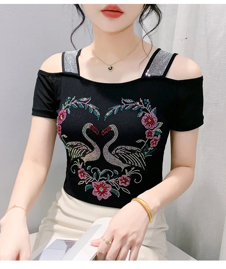 M-3XL Streetwear Girl Summer Cartoon Design Hot Diamonds T-Shirt Women Sexy Off Shoulder Slim Mesh Tops Chic Luxury Flower Tees