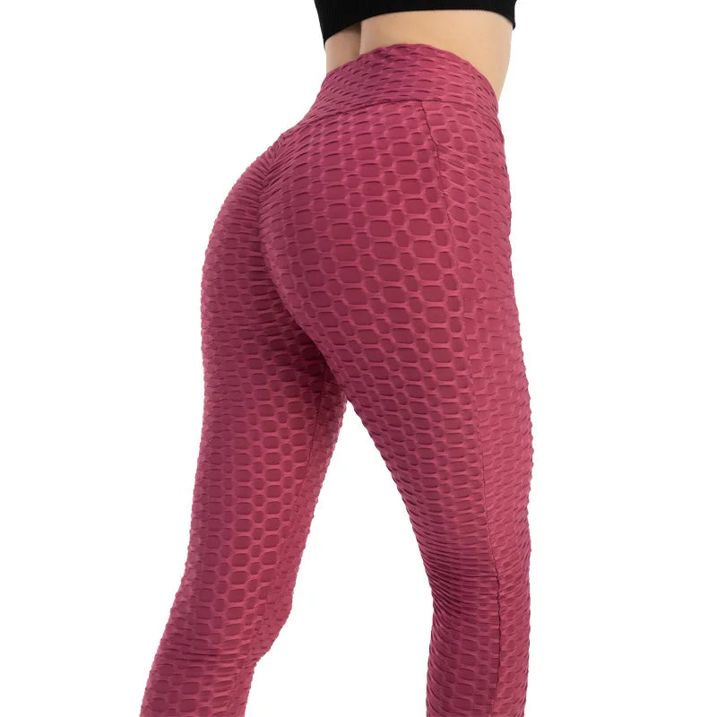 Women Fashion Pocket Bubble Pants Stretchy Slim Leggings Gym Running Cycling Fitness Pants High Waist Hip Lift Leggings Female