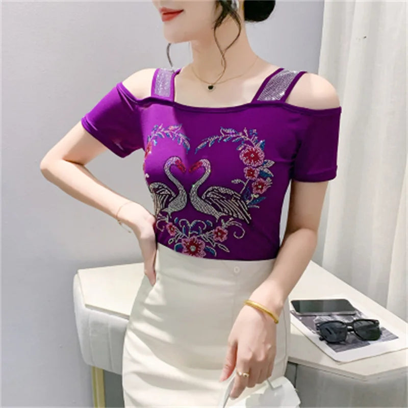 M-3XL Streetwear Girl Summer Cartoon Design Hot Diamonds T-Shirt Women Sexy Off Shoulder Slim Mesh Tops Chic Luxury Flower Tees