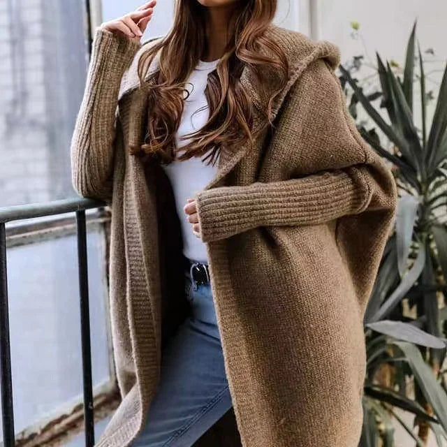 2024 Autumn Winter Cozy Chic Hooded Cardigan Women's Casual Knit Sweater Coat Elegant Batwing Sleeve Pocket Long Jacket Jumpers