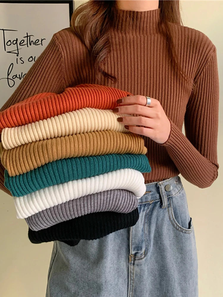 Autumn Winter Knitted Sweater Women Pullovers Korean Turtleneck Long Sleeve Pullover Female Jumper Green Knitwear Chic Jumpers