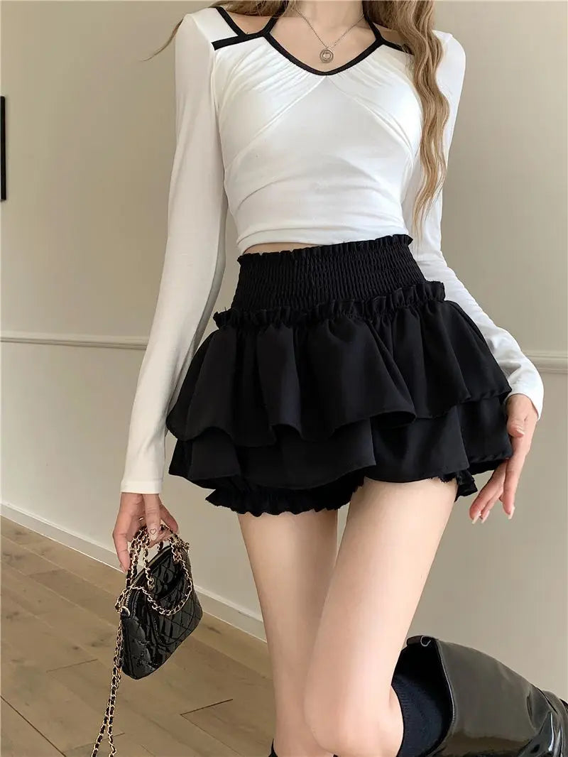 Mini Skirt Cute Sexy Balletcore Elastic High Waist Ball Gown Ruffle Patchwork Lolita Skirt Short Korean Sweet Y2K Women Clothing