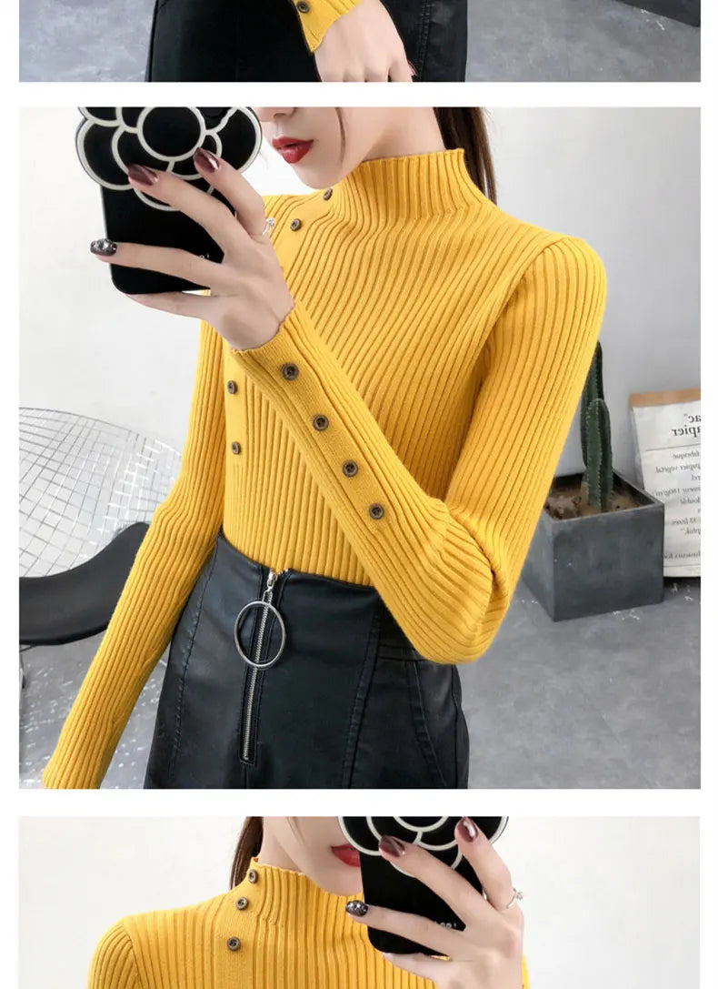 2024 Women Autumn Knitted Slim Sweaters Solid Knitted Female Cotton Soft Elastic Color Pullovers Button Full Sleeve Turtleneck