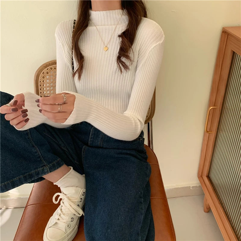 Autumn Winter Knitted Sweater Women Pullovers Korean Turtleneck Long Sleeve Pullover Female Jumper Green Knitwear Chic Jumpers