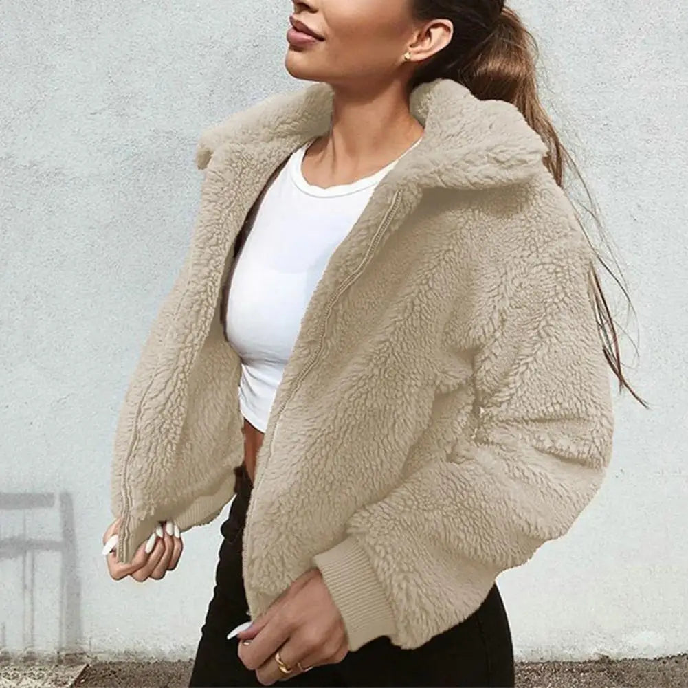 Women Winter Coat Thick Plush Long Sleeve Women Coat Zip Up Soft Warm Lapel Casual Elastic Cuff Outdoor Short Jacket