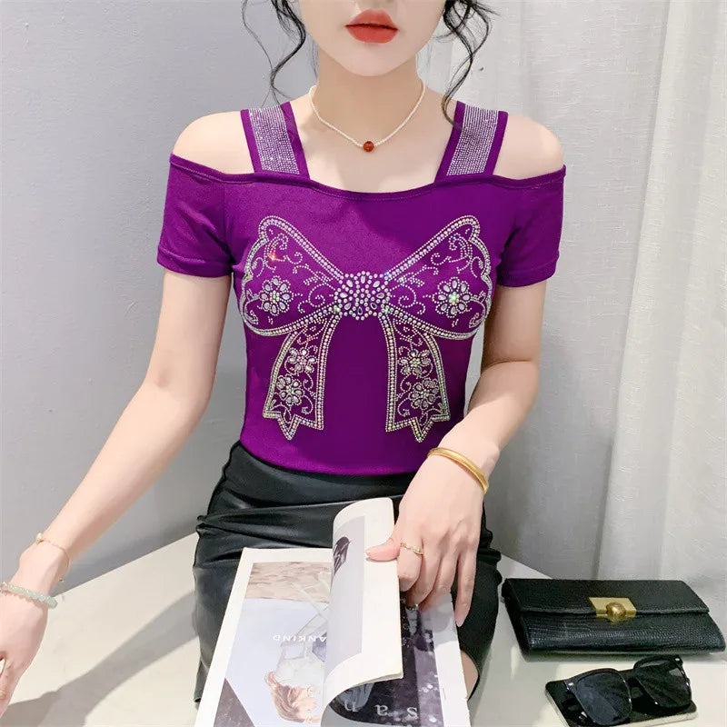 M-3XL Streetwear Girl Summer Cartoon Design Hot Diamonds T-Shirt Women Sexy Off Shoulder Slim Mesh Tops Chic Luxury Flower Tees