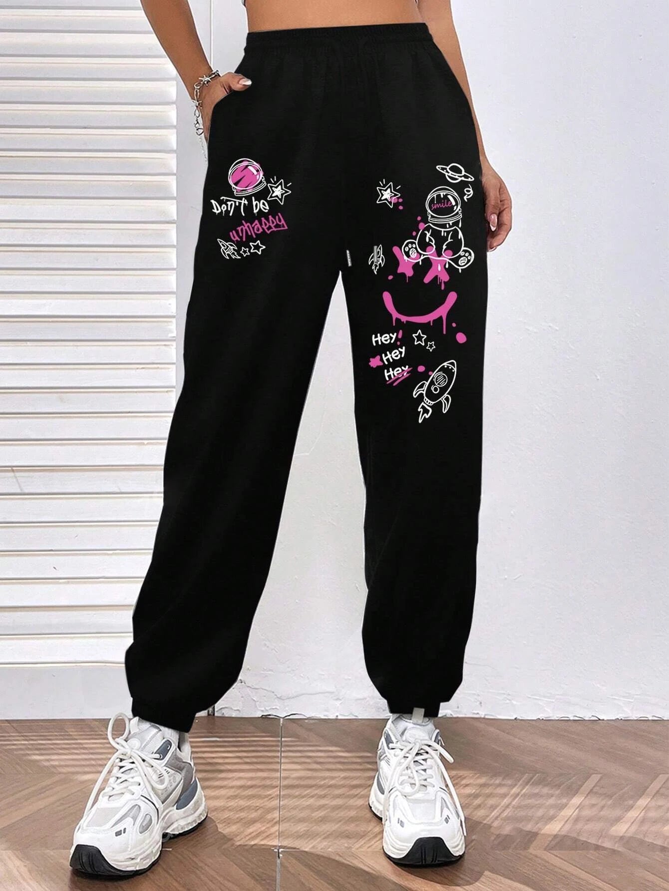 Women's Casual Graffiti Printed Sweatpants For Everyday Wear Versatile Pocket Drawstring Trendy Street Pant Female Autumn Winter