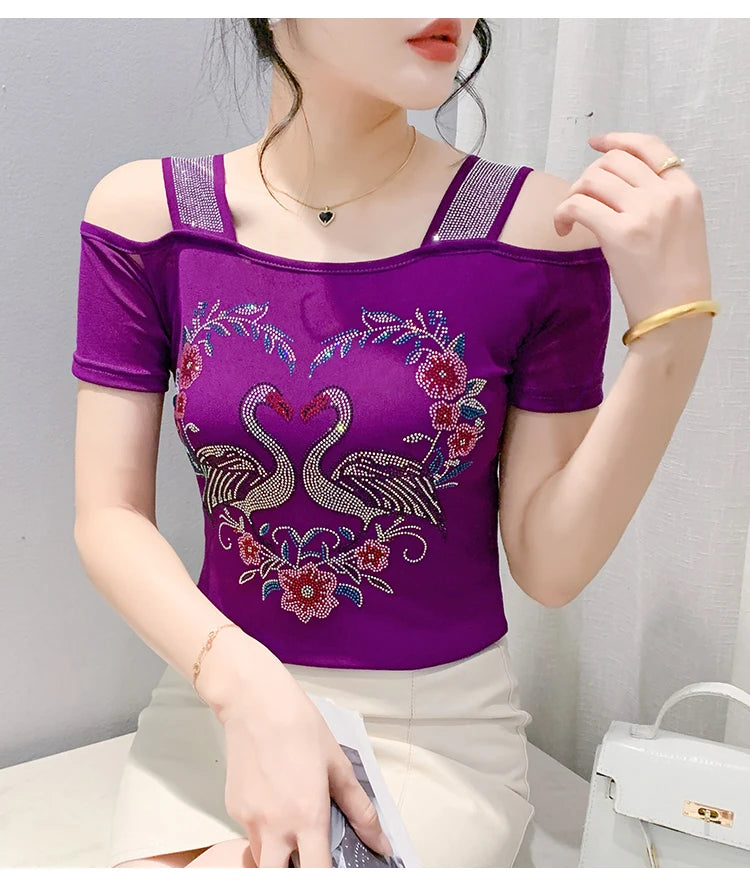 M-3XL Streetwear Girl Summer Cartoon Design Hot Diamonds T-Shirt Women Sexy Off Shoulder Slim Mesh Tops Chic Luxury Flower Tees