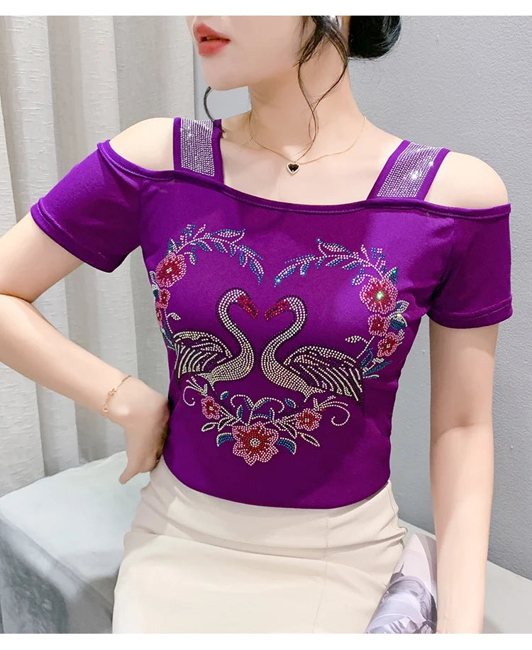 M-3XL Streetwear Girl Summer Cartoon Design Hot Diamonds T-Shirt Women Sexy Off Shoulder Slim Mesh Tops Chic Luxury Flower Tees