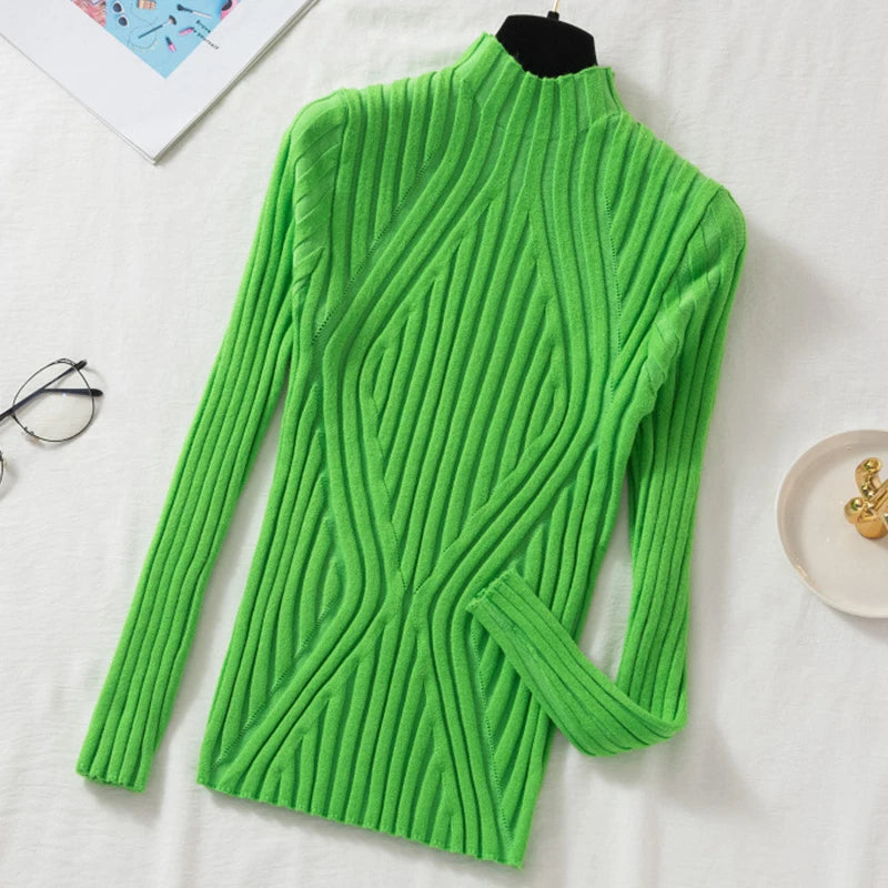 Knitted Sweater Women Pullover 2023 Half Turtleneck Jumper Sweater Autumn Winter Solid Slim Chic Streetwear Long Sleeve Top Y2K