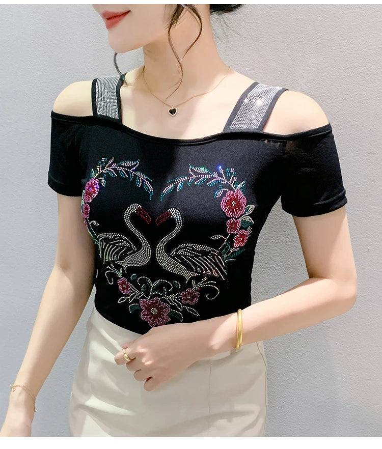 M-3XL Streetwear Girl Summer Cartoon Design Hot Diamonds T-Shirt Women Sexy Off Shoulder Slim Mesh Tops Chic Luxury Flower Tees