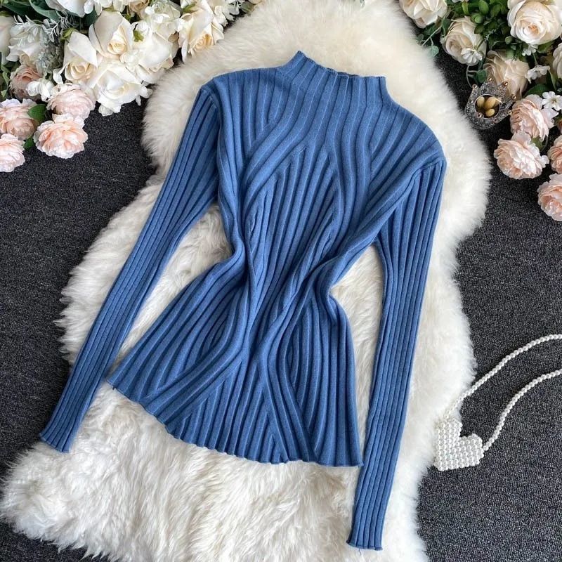 Knitted Sweater Women Pullover 2023 Half Turtleneck Jumper Sweater Autumn Winter Solid Slim Chic Streetwear Long Sleeve Top Y2K