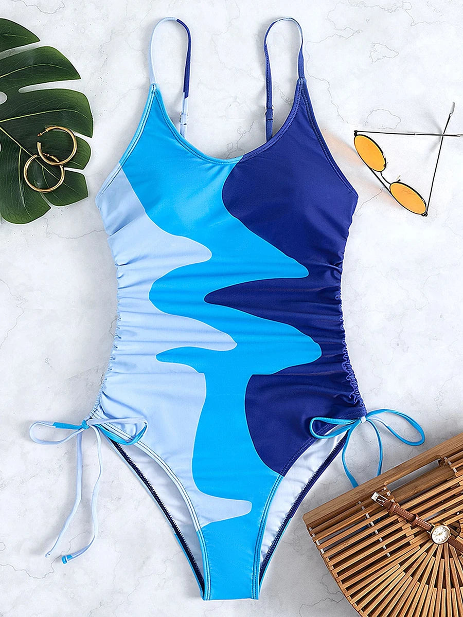 2024 Drawstring Swimsuit One Piece Printed Swimwear Women Strape Bathers Bathing Swim Suit Female Swimming Beachwear Bodysuit