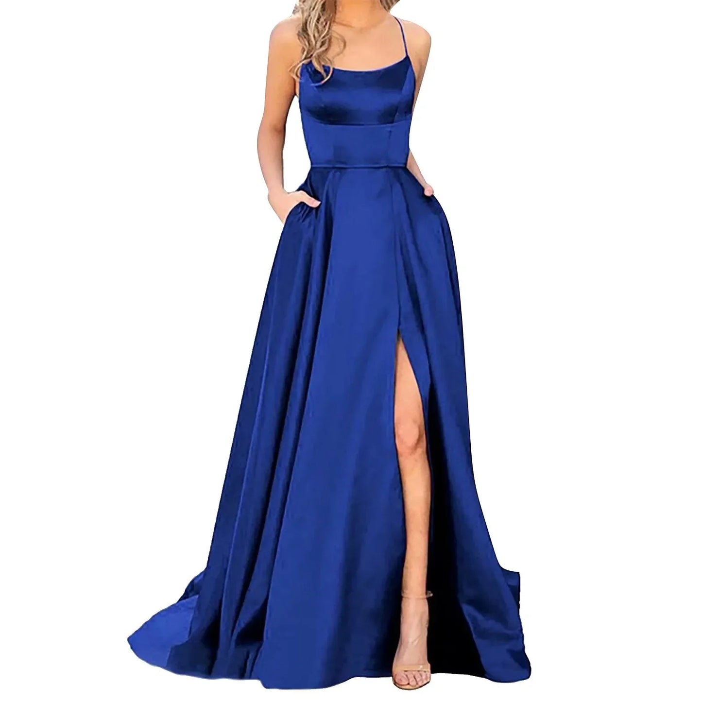 2025 Sexy V Neck Satin Evening Dresses Spaghetti Strap Side Slit Prom Dress High Waist Evening Gowns Party Dress Robe de soiree