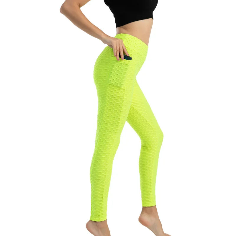 Women Fashion Pocket Bubble Pants Stretchy Slim Leggings Gym Running Cycling Fitness Pants High Waist Hip Lift Leggings Female