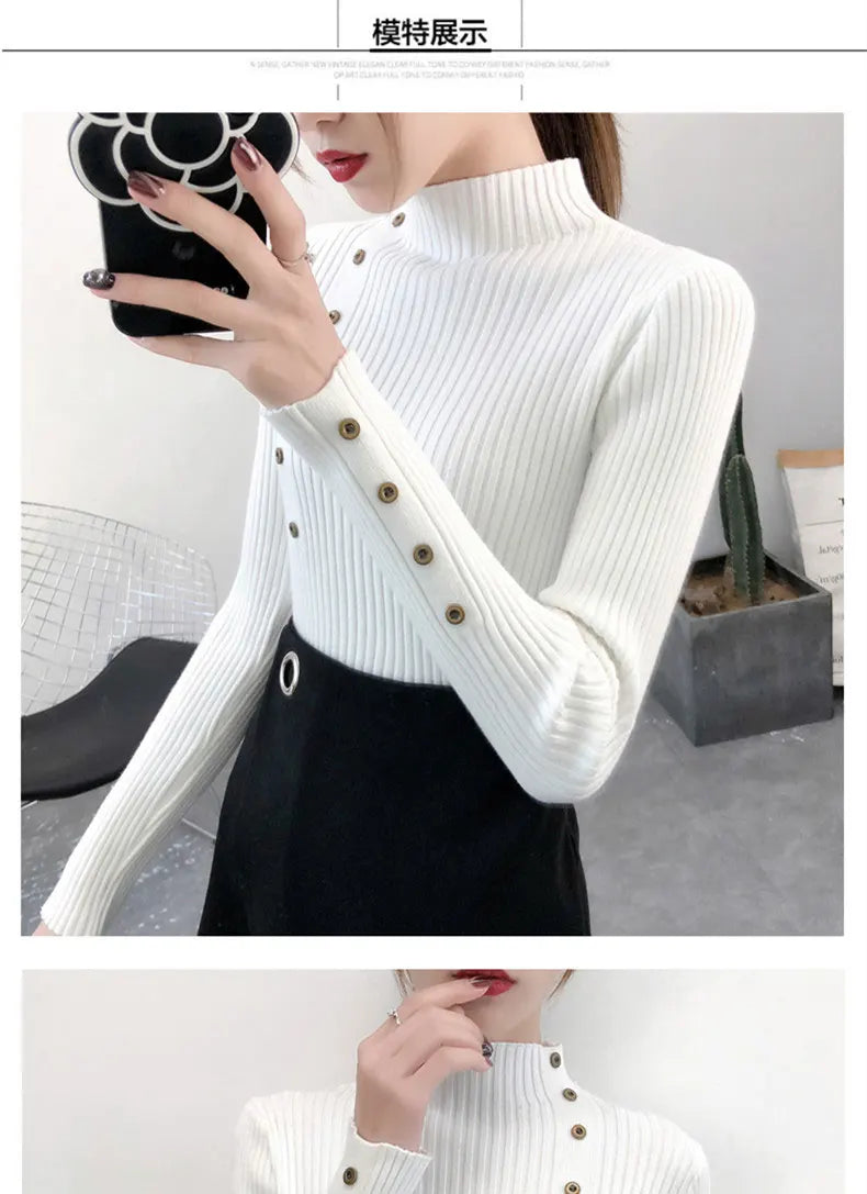 2024 Women Autumn Knitted Slim Sweaters Solid Knitted Female Cotton Soft Elastic Color Pullovers Button Full Sleeve Turtleneck