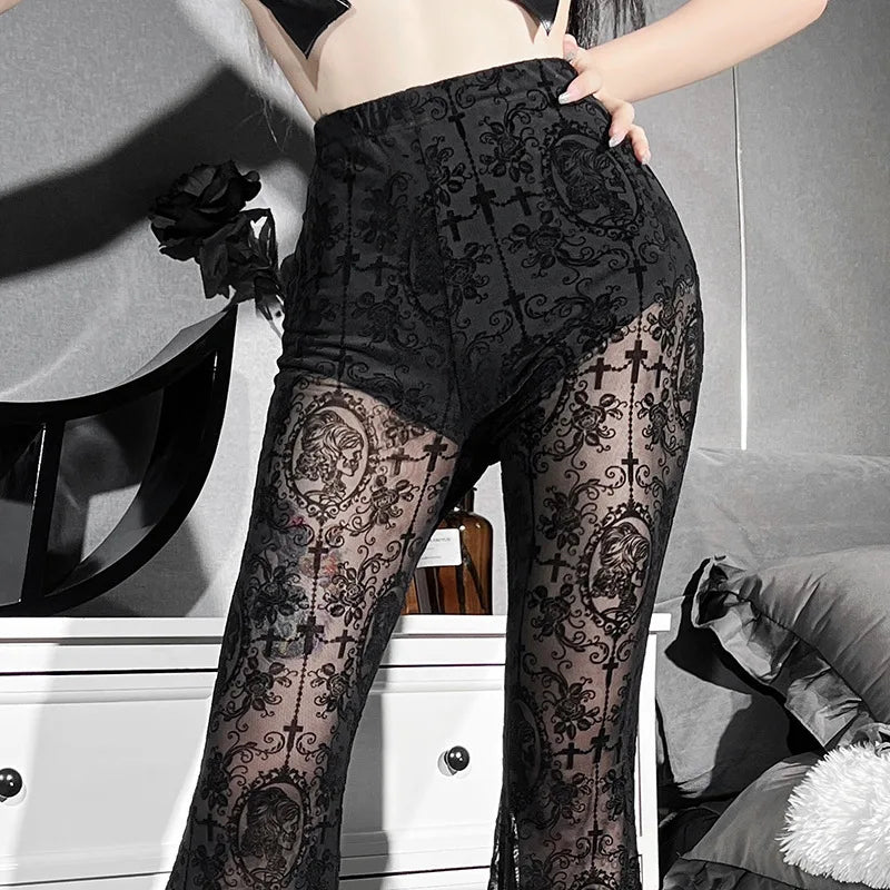 Goth Dark Vintage Flocking Mall Gothic Sexy Flare Pants Grunge See Through Mesh High Waist Women Trousers Punk Slim Alt Clothing