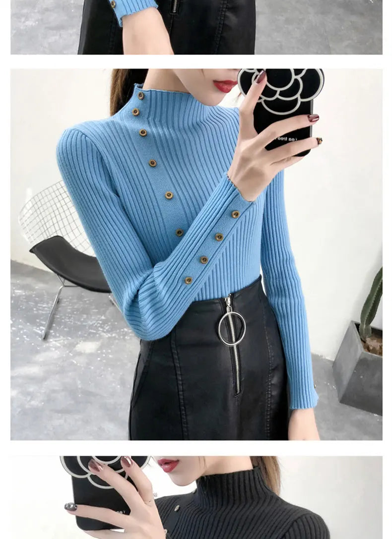 2024 Women Autumn Knitted Slim Sweaters Solid Knitted Female Cotton Soft Elastic Color Pullovers Button Full Sleeve Turtleneck