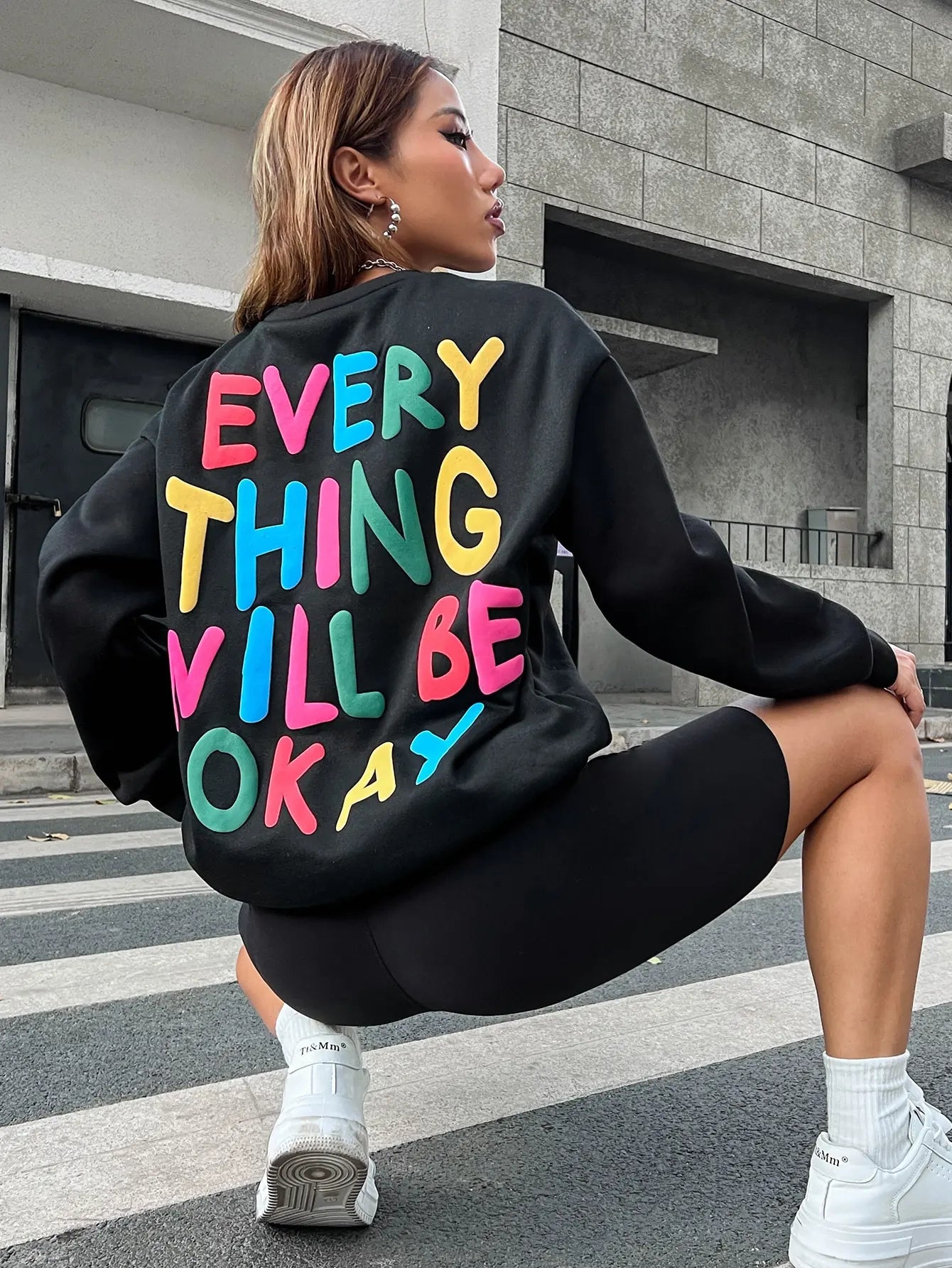 Fashion Womans Sweatshirt Everything Will Be Okay Letter Printed Pullover Loose Warm Crewneck Hoodies Casual Female Clothing