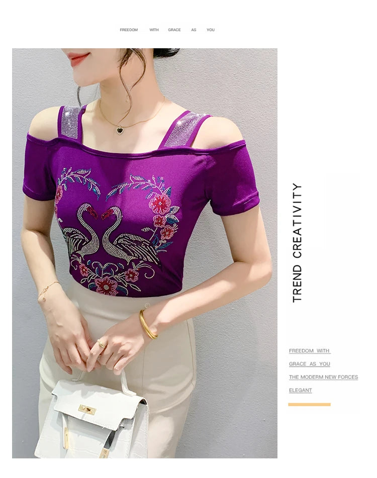 M-3XL Streetwear Girl Summer Cartoon Design Hot Diamonds T-Shirt Women Sexy Off Shoulder Slim Mesh Tops Chic Luxury Flower Tees