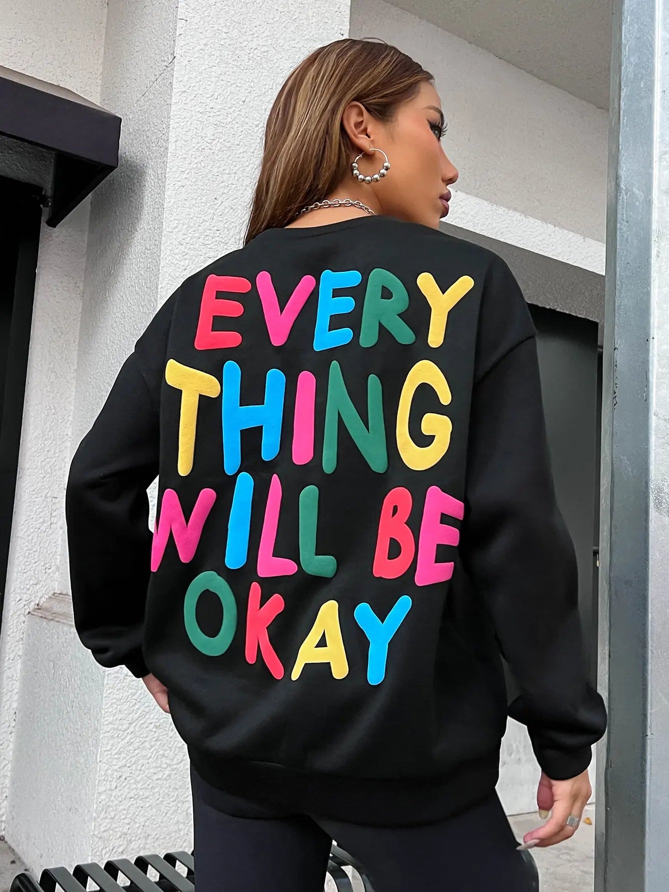 Fashion Womans Sweatshirt Everything Will Be Okay Letter Printed Pullover Loose Warm Crewneck Hoodies Casual Female Clothing